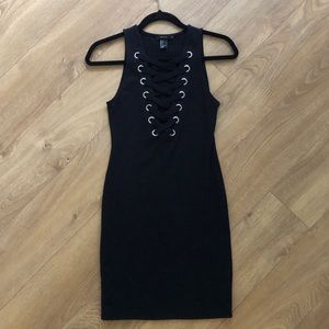 Little black dress with lace up v neck